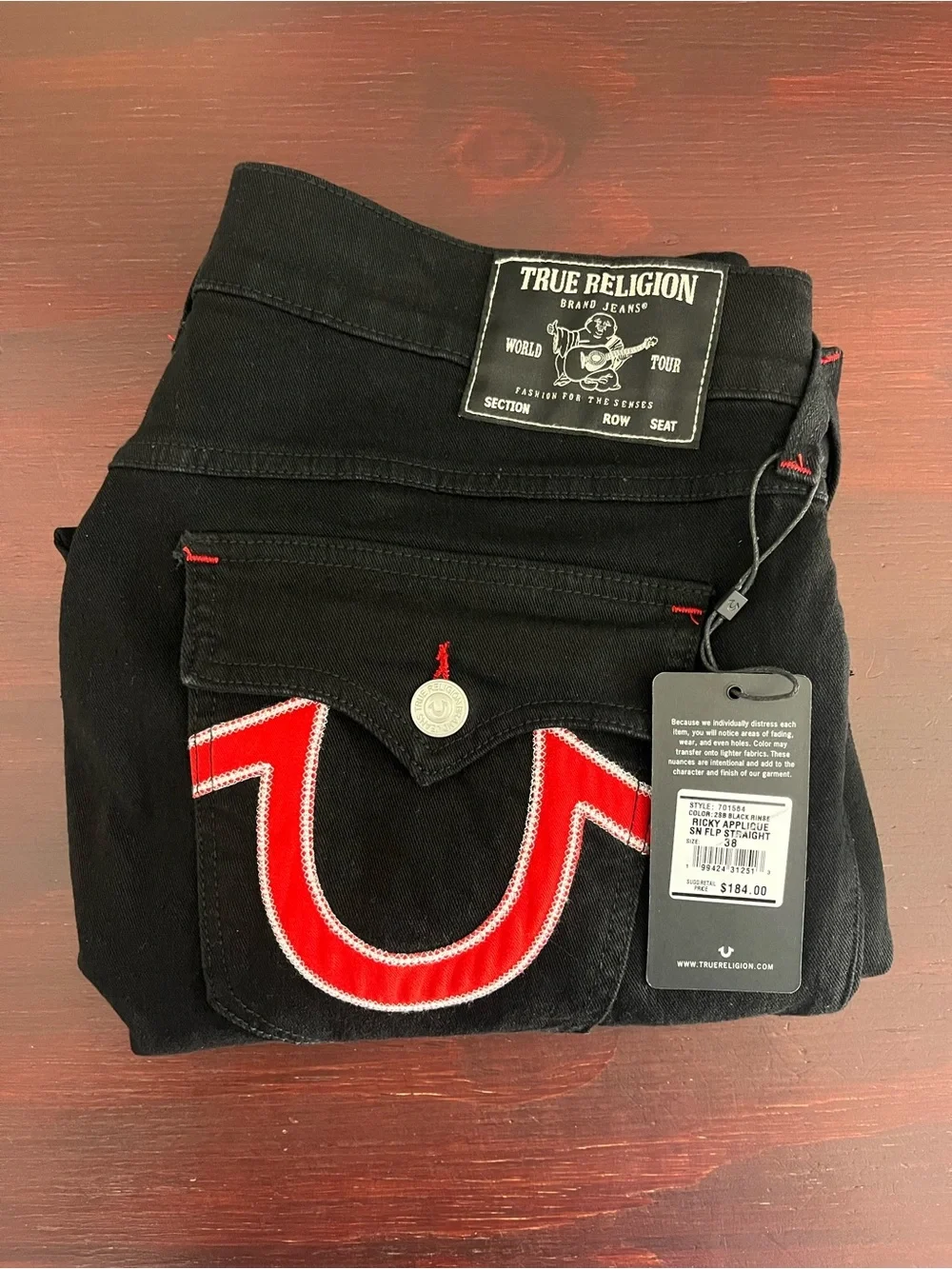 True Religion Ricky Appliqué SN Flap Straight “2SB Black Rinse” 38x30 #701654